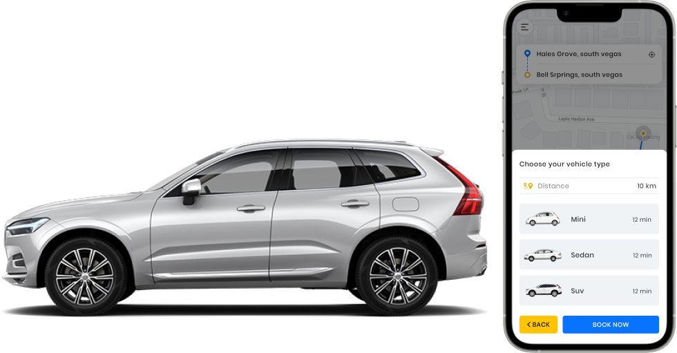App TeLeva exibindo a escolha de veículo ao lado de um SUV